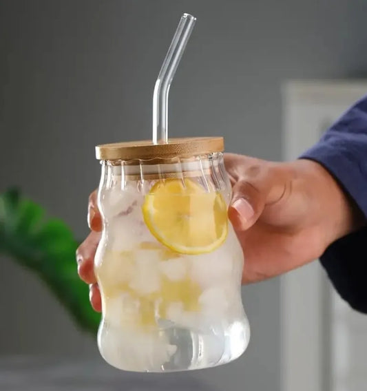 Glass Tumbler with Straw, Lid & Leather Sleeve, Reusable Coffee Mug for direct drinking